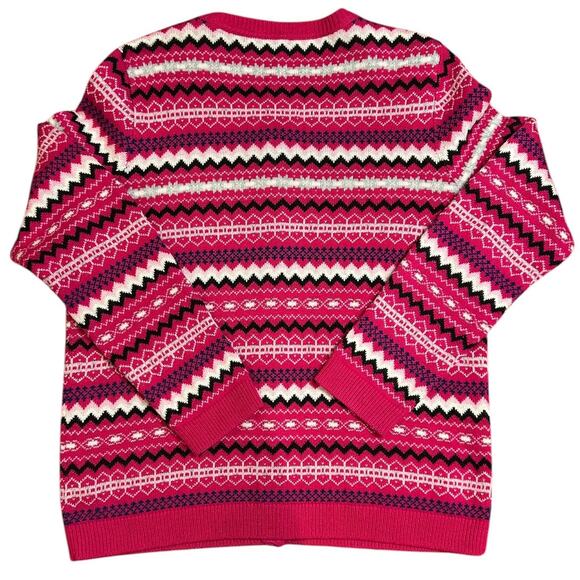 TALBOTS Pink Red Fairisle Fair Isle Nordic Cardigan Long Sleeve Sweater Sz LARGE - Picture 2 of 6